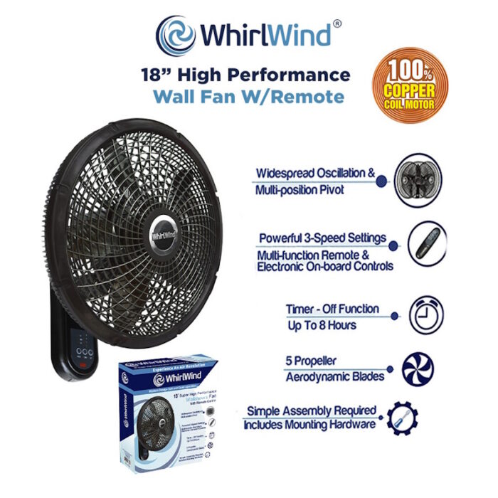 whirlwind remote control wall fan 18 inches