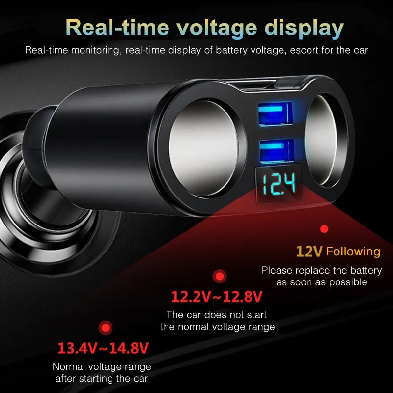 Car Cigarette Lighter Socket Splitter with voltage reading